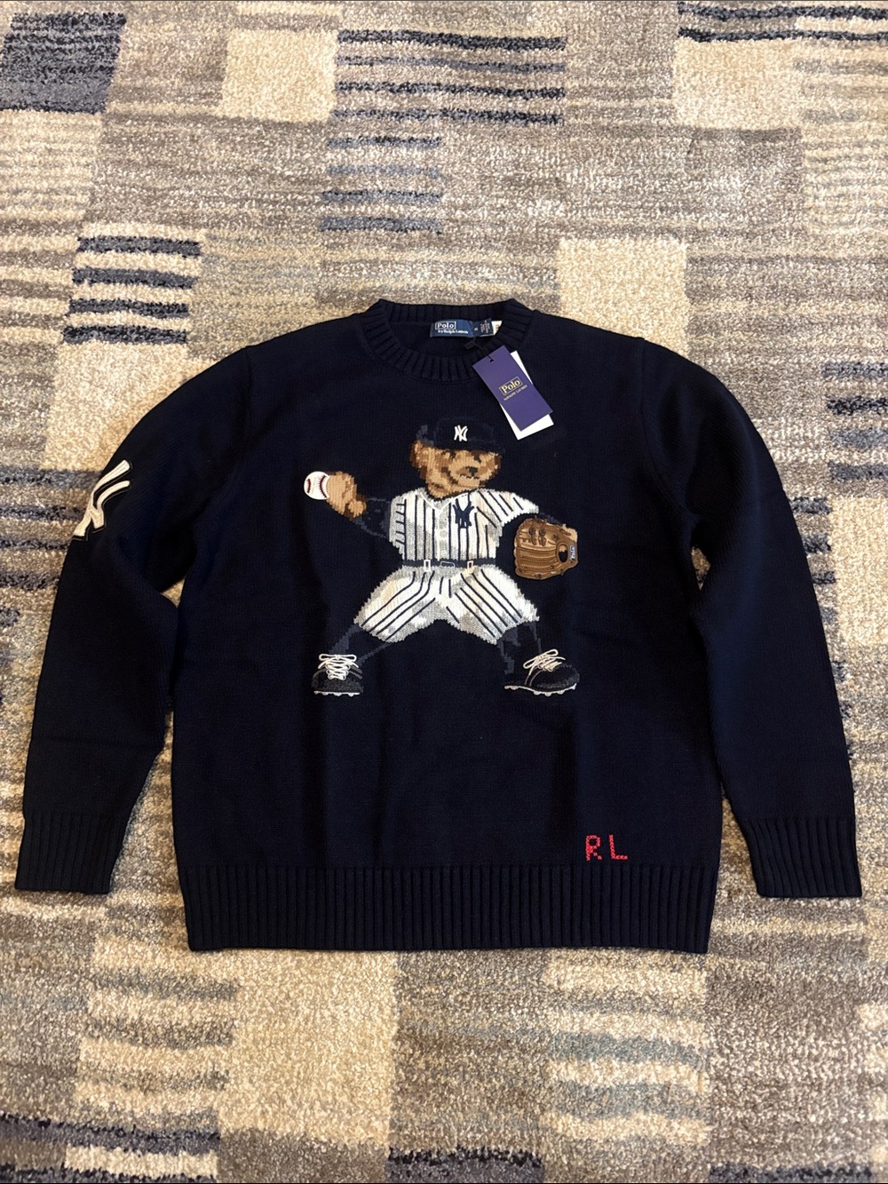 Ralph Lauren Navy Baseball Polo Bear Crewneck Sweater